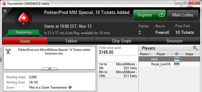 PokkeriProd MicroMillions Freeroll