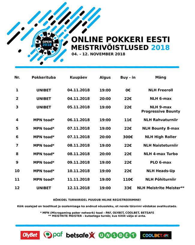 Online Pokkeri Eesti Meistrivõistlused 2018 kava