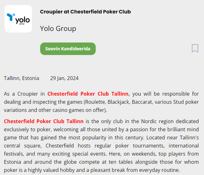 Chesterfield Poker Club kuulutus kandideeri.ee lehel, kus otsitakse krupjeesid ehk diilereid.