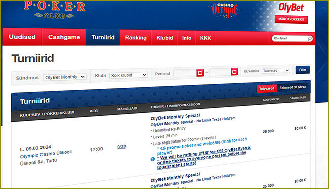 Laupäeval Tartu Olympicus lisatud auhindadega pokkeriturniir OlyBet Monthly Special