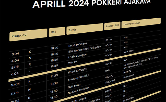 Chesterfield Poker Club avalikustas aprilli kava - regulaarsed pokkeriturniirid toimuvad iga nädal