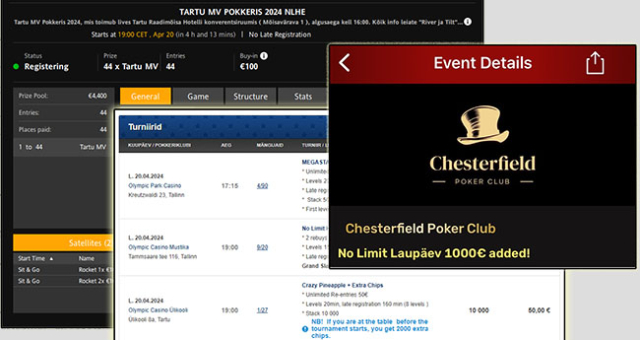 Tänased turniirid Eestis - 1000 eurot lisatud Chesterfieldis, Tartus meistrivõistlused ja teised