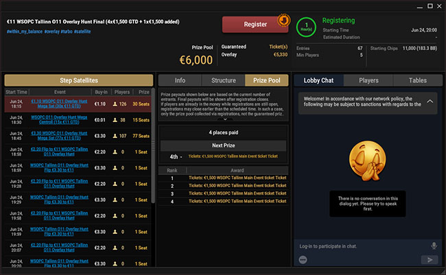 Täna 11-eurosel turniiril 5 x €1500 WSOPC Tallinn piletit