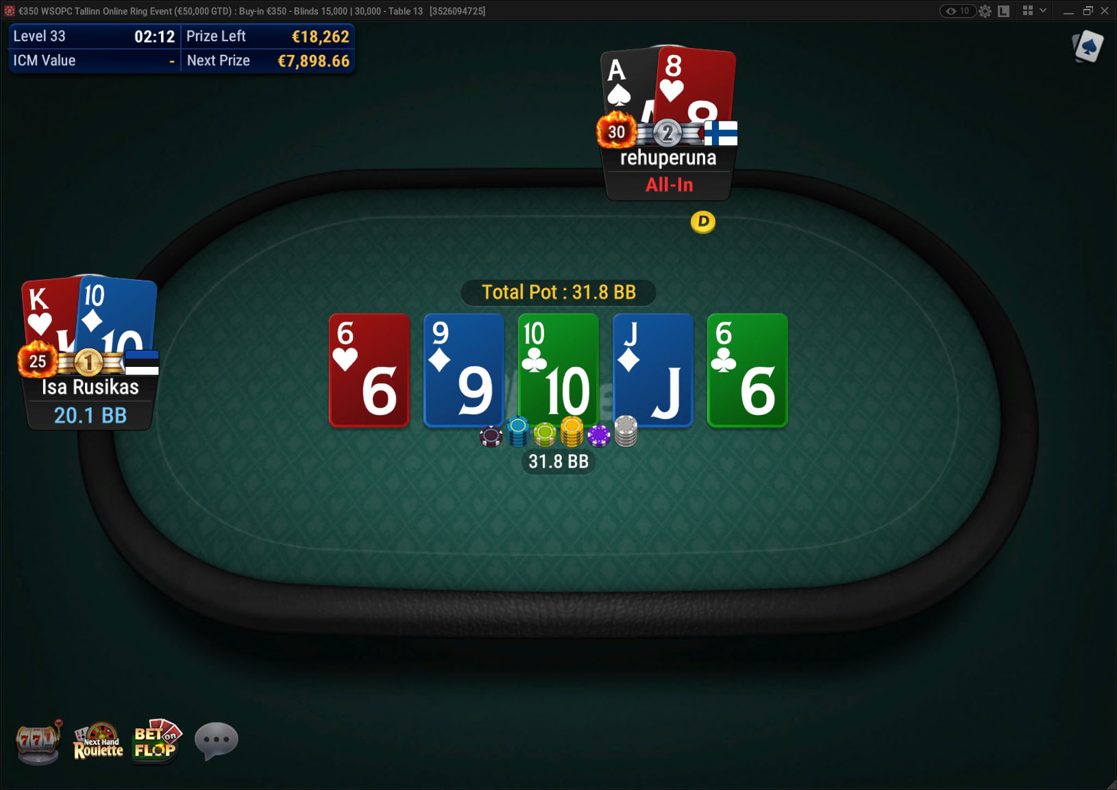 WSOPC Tallinn 2024 Online Ring Event finaallaua viimane käsi. Turniiri võitis Eesti pokkerimängija "Isa Rusikas", kes lisaks tiitlile teenis ka 10 364.04 eurot auhinnaraha.