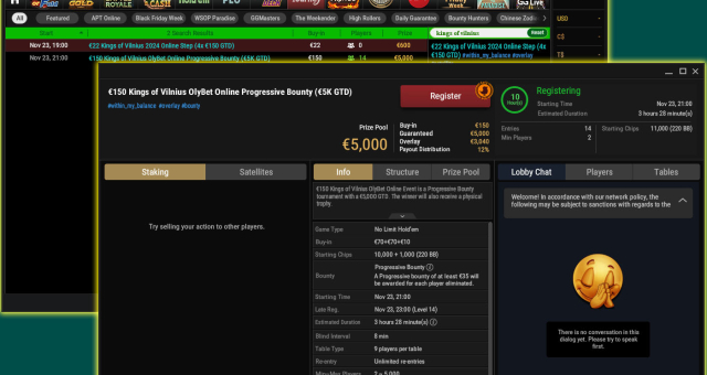 Täna õhtul OlyBetis Kings of Vilniuse Progressive Bounty turniir