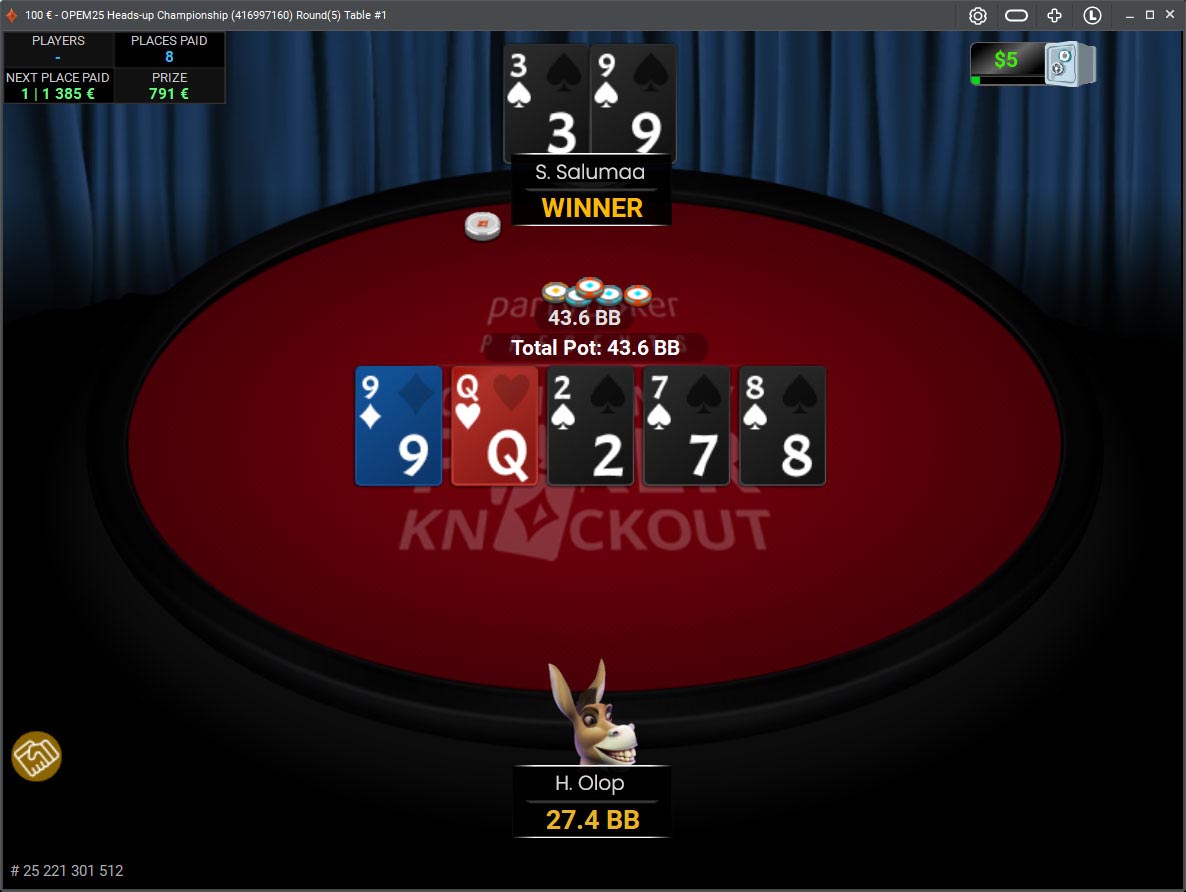 Üks võtmekäsi täpselt enne pausi, kui flop läks check-call, turn check-check ja riveris Olop bet/callis.