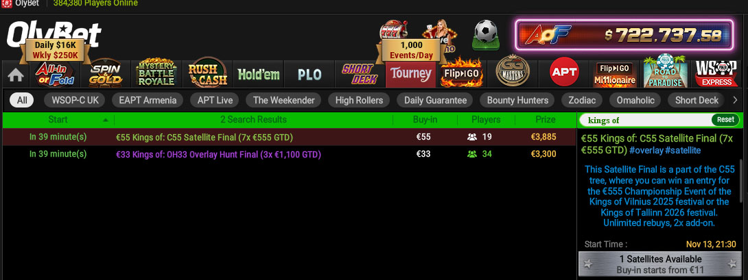 Turniiridel leidmiseks kirjuta OlyBeti pokkerritoas otsingusse Kings of 