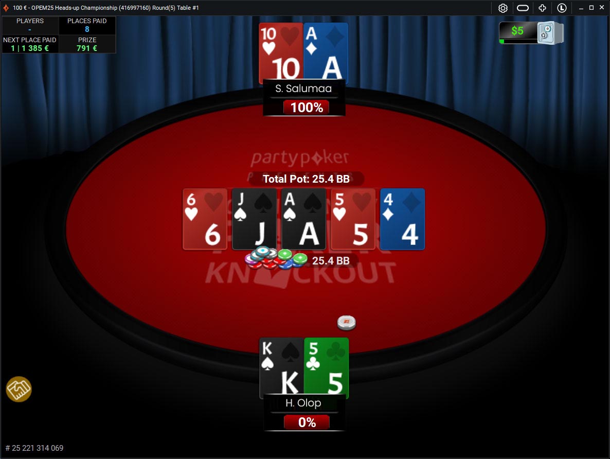 Turniiri viimane käsi, kus kohtusid Olop kuningas-viis ja Salumaa kümme-ass.