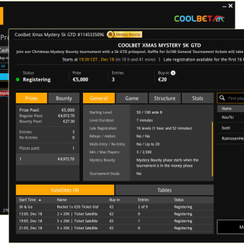 Täna õhtul toimub Coolbetis XMas Mystery 5K pokkeriturniir, kus auhinnafondis €5000 ja loosis kolm 100-eurost pokkeripiletit.