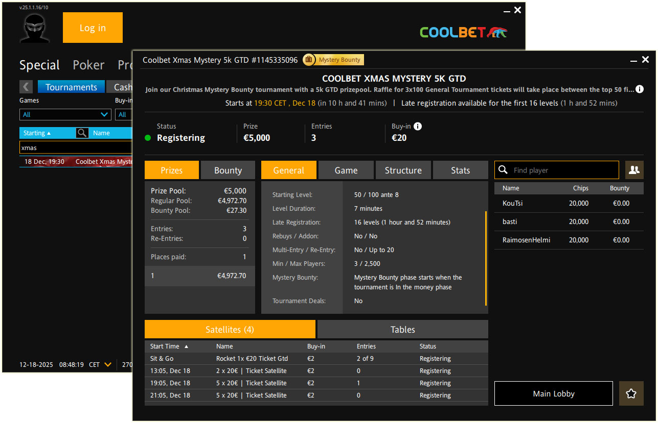 Täna Coolbetis jõuluturniir, millel €5000 auhinnafond ja 3 x €100 piletit loosis